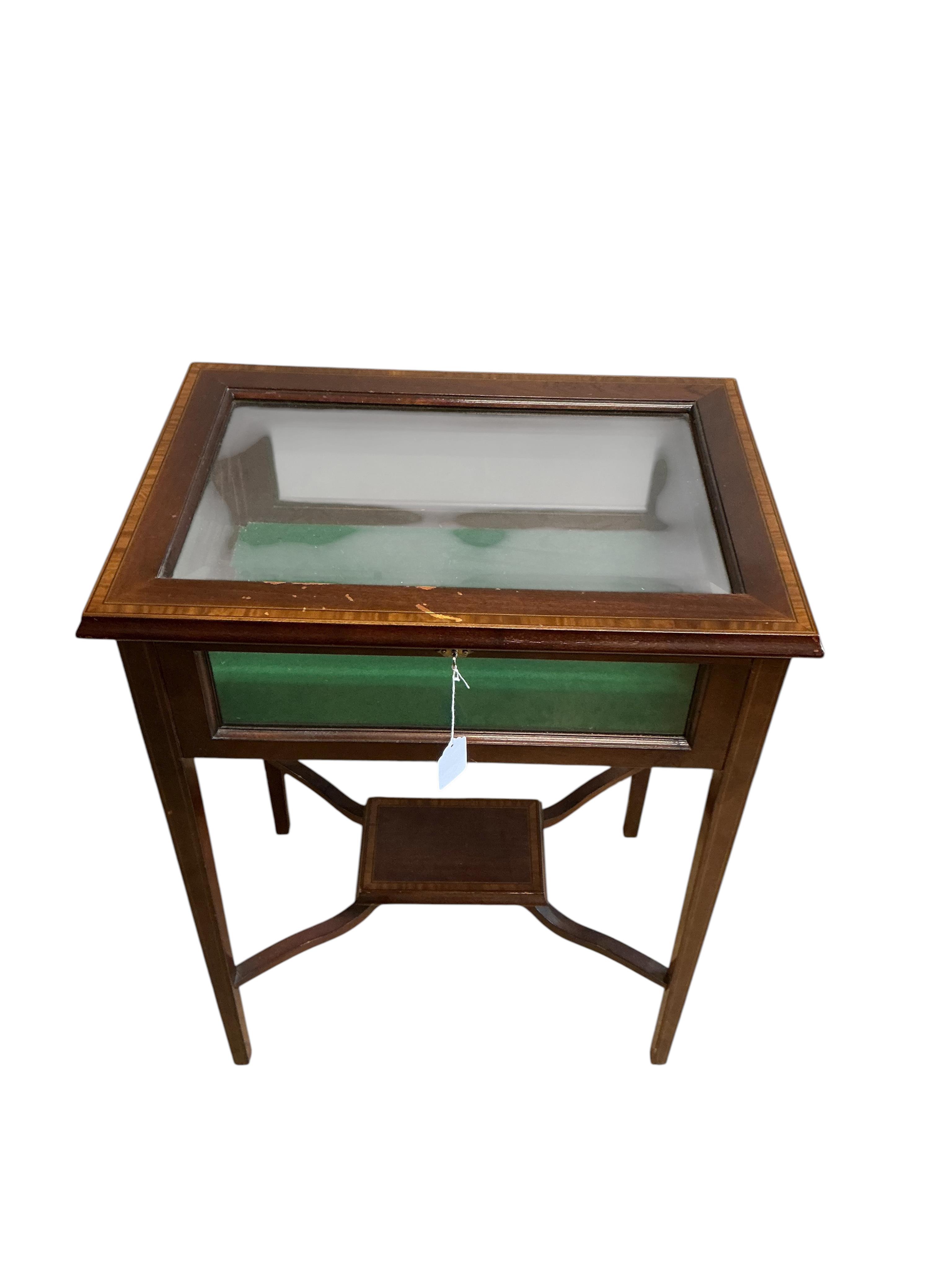 An Edwardian style satinwood banded mahogany hinged top bijouterie table, width 58cm, depth 40cm, height 76cm